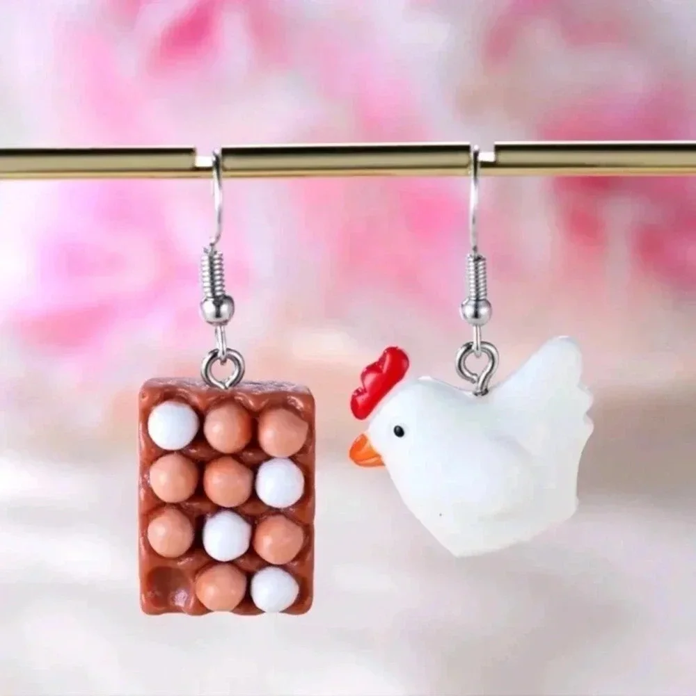 Chicken egg asymmetrical funny hen earrings jewelry fashion women's silver spark